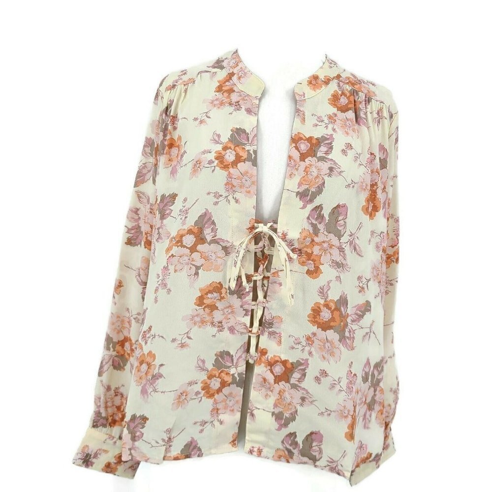 New Flynn Skye Get Away Blouse Womens M Cream Blossoms Lace Front Top LS Floral